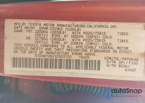 2003 Toyota Tacoma Base V6 из США, поврежденный, VIN 5TEHN72N13Z303752